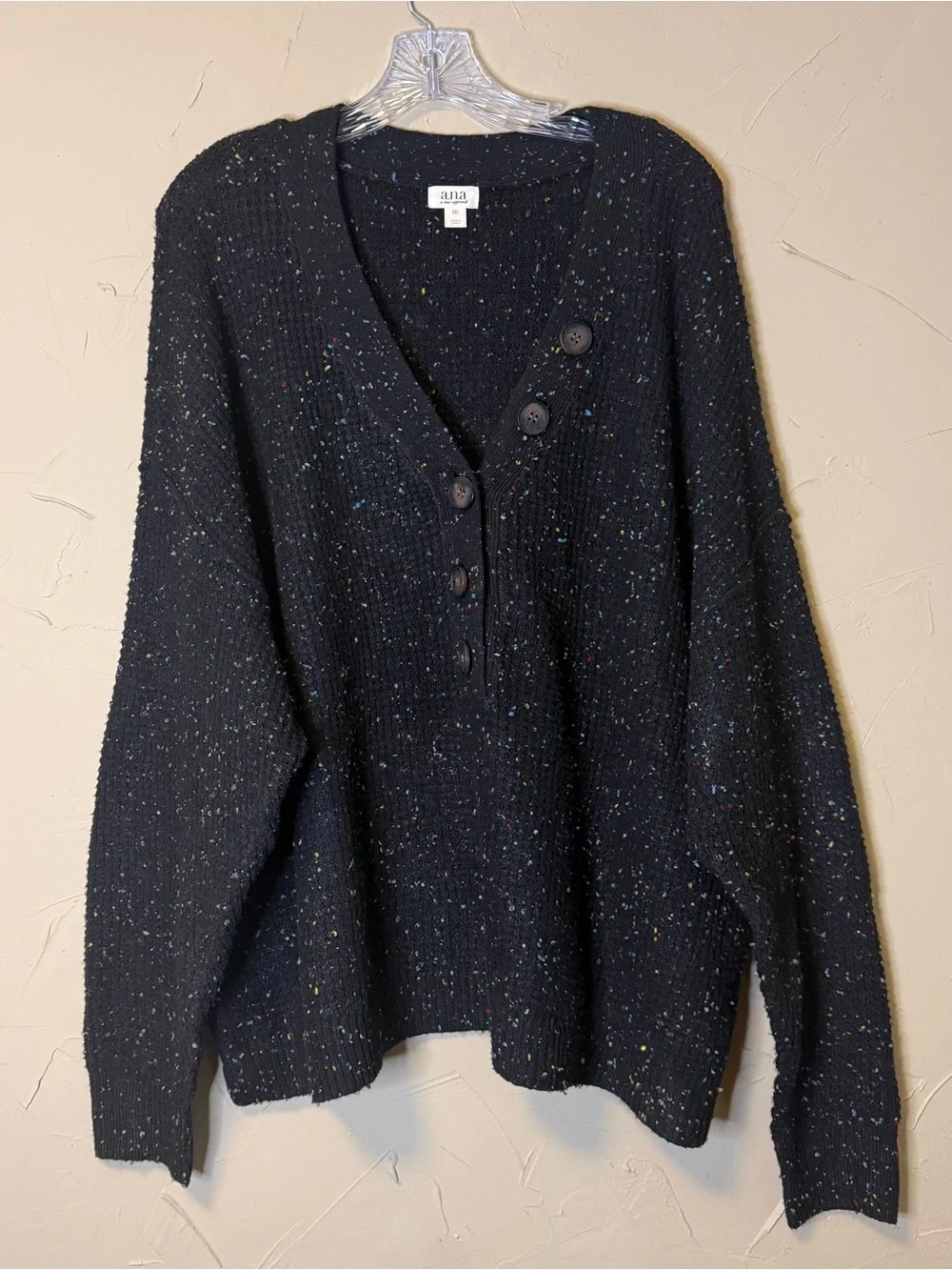 Black Speckled Chunky Knit Henley Sweater XXL Boho Chic Cozy Winter Pullover